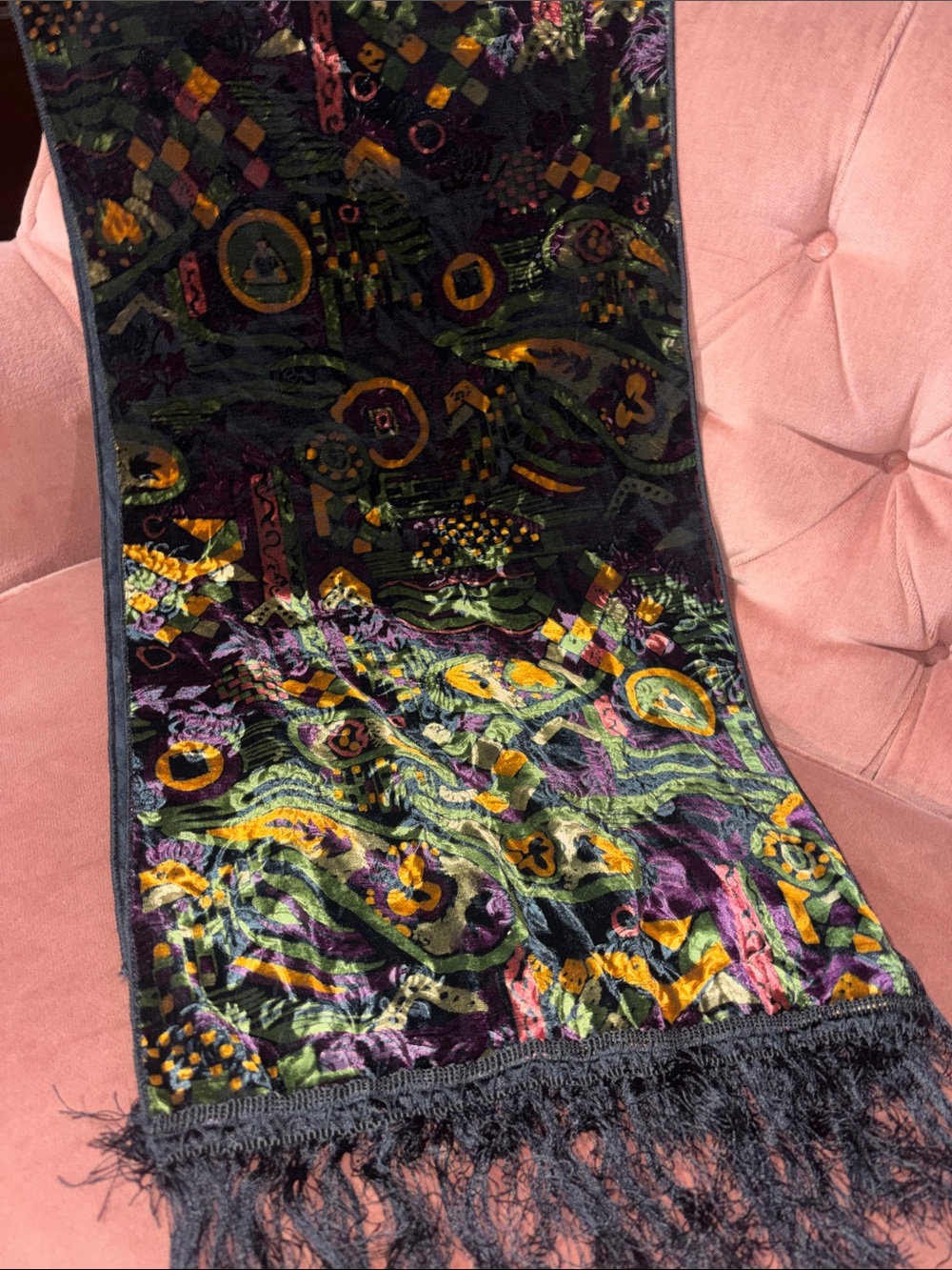 Stunning Vintage velvet burnout table runner fringe rich multicolor patterned